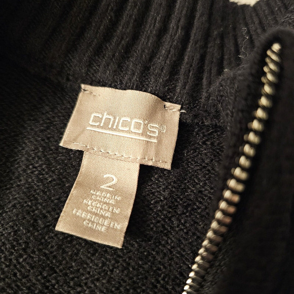 CHICOS‎ Black Full Zippered Classic Cardigan Size 2/M/12 Crew Neck Cuff Sleeve - Picture 5 of 8